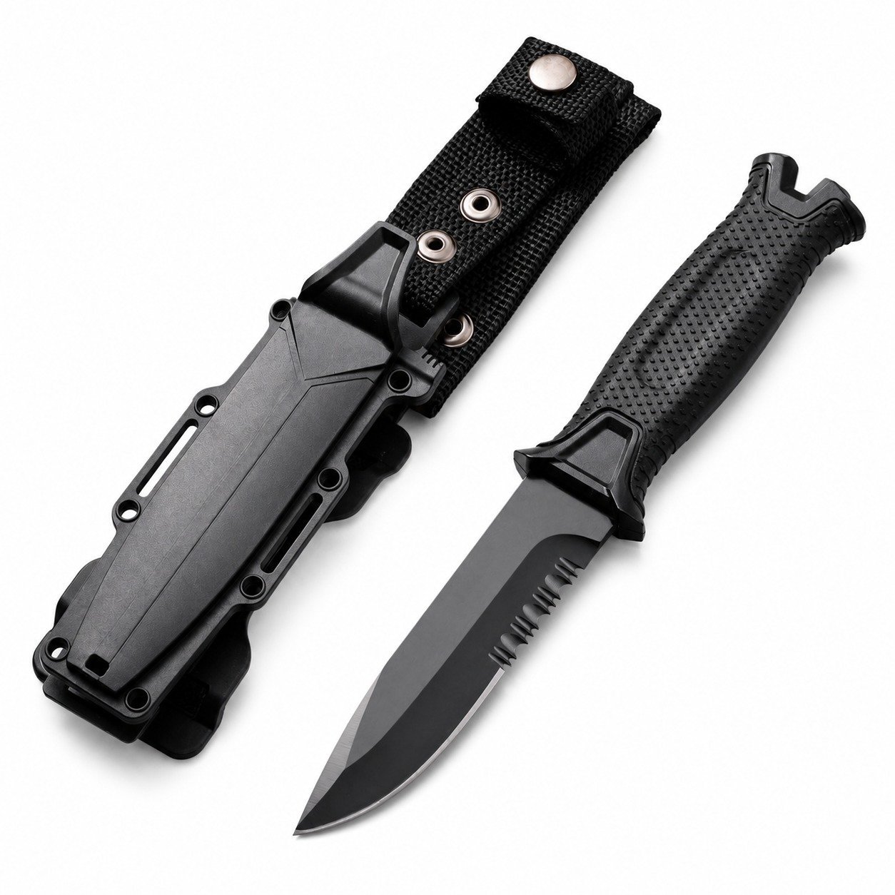 Outdoor Hunting Knife – Fixed Blade with Partial Serration (Black)