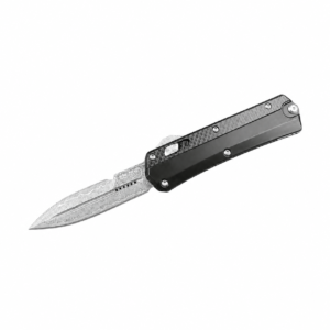 Carbon fiber Switchblade Flick knife with clearly visible Damascus blade pattern on white background